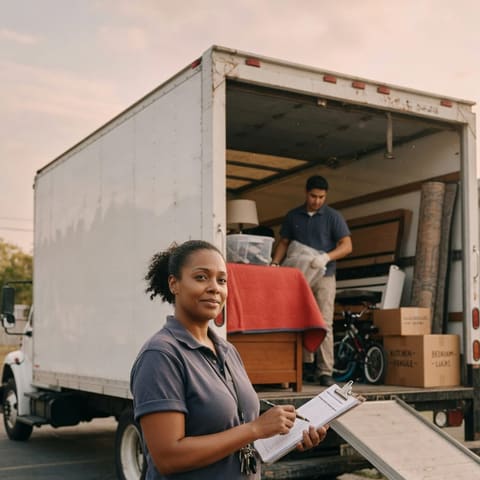 A moving company owner with a clipboard standing beside a loaded moving truck